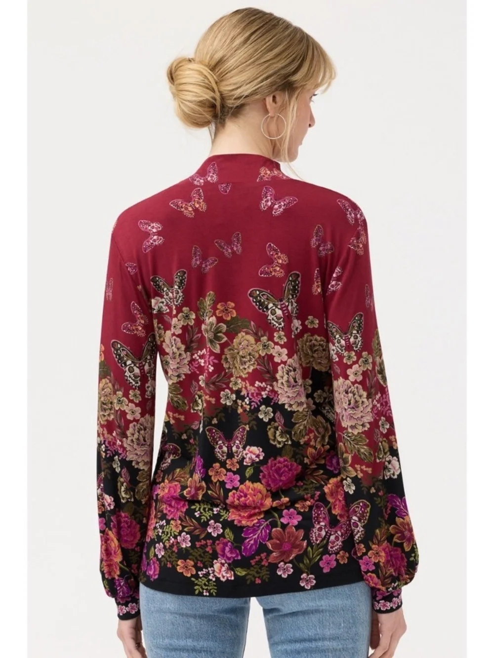 Johnny Was Janie Favorite Top Burgundy Butterfly Floral NWT R$229 Size Small